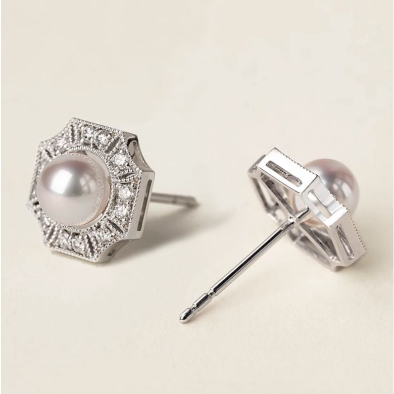 Boucles d'Oreilles Géométria Préciosa - Perles Akoya, Diamants, Or blanc - 1