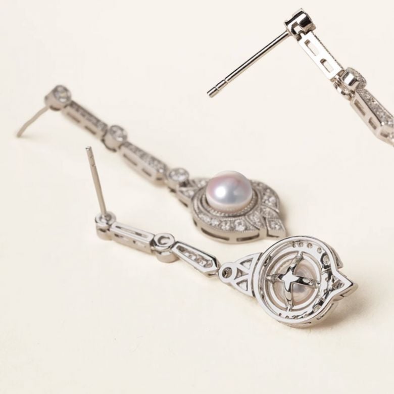 Boucles d'Oreilles Art Déco en Or Blanc 18 Carats et Perles Akoya - Géométria Préciosa - 6