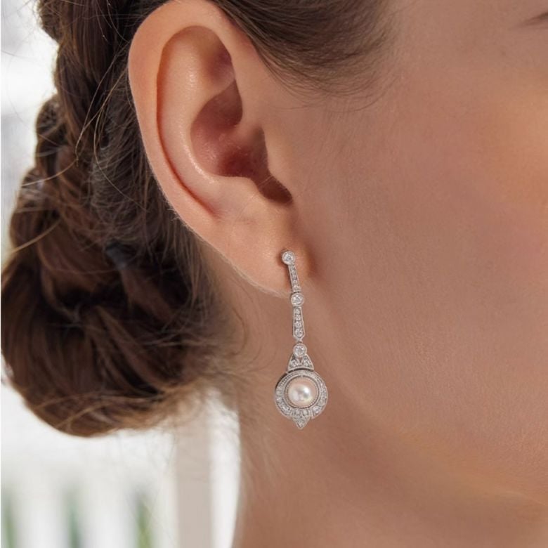 Boucles d'Oreilles Art Déco en Or Blanc 18 Carats et Perles Akoya - Géométria Préciosa - 2