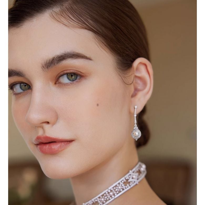 Boucles d'Oreilles Art Déco en Or Blanc 18 Carats et Perles Akoya - Géométria Préciosa - 1