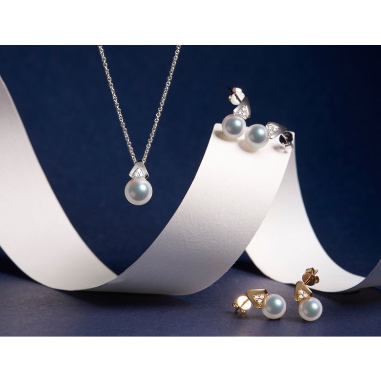 Boucles oreilles triangulaires. Perles Akoya Japon, Or blanc, Diamants - 4