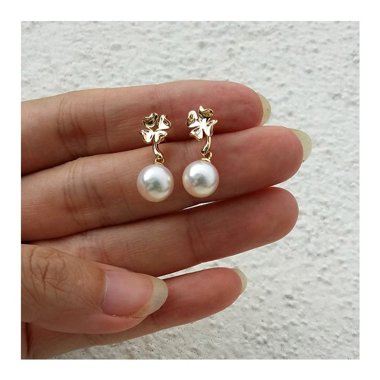 Boucles oreilles pendants - Perles Akoya - AAA - Or jaune et Diamants - 2