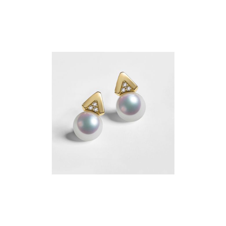 Boucles oreilles triangulaires. Perles Akoya Japon, Or jaune, Diamants - 1