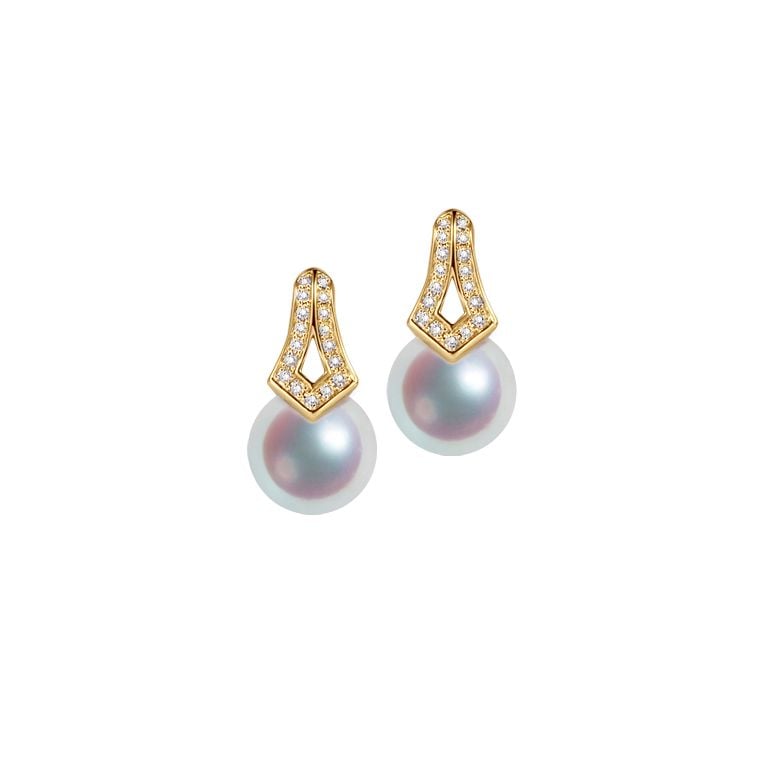 Boucles oreilles perles Japon. Pendants Michiko Or jaune, diamants. - 1