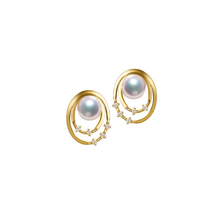 Boucles oreilles perles Akoya, Or jaune, diamants. Motif double cercle - 1
