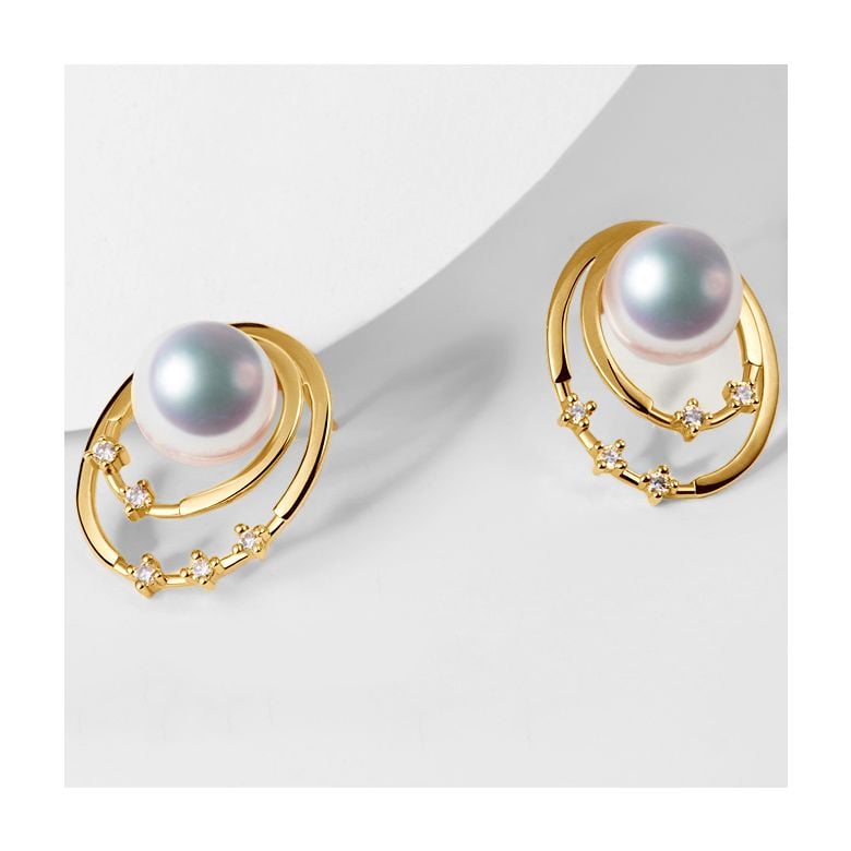 Boucles oreilles perles Akoya, Or jaune, diamants. Motif double cercle - 5