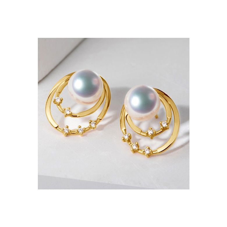Boucles oreilles perles Akoya, Or jaune, diamants. Motif double cercle - 2