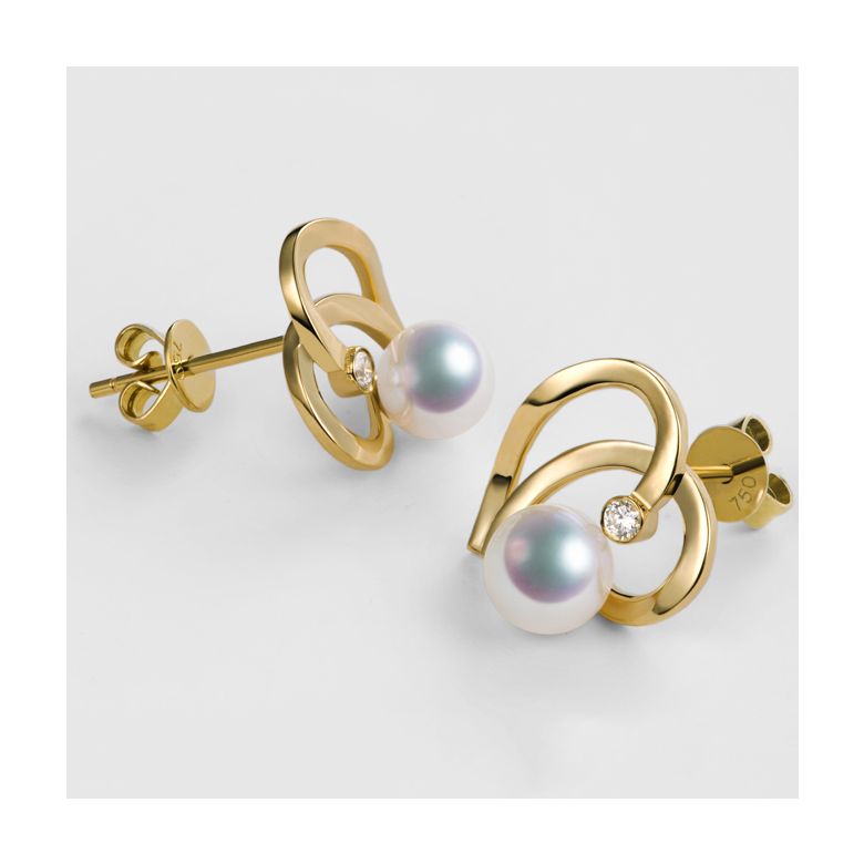 Boucles Coeur contemporain Or jaune. Perles Akoya, Diamants.  - 4