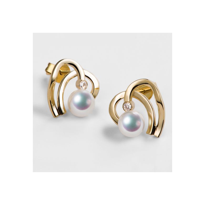 Boucles Coeur contemporain Or jaune. Perles Akoya, Diamants.  - 2