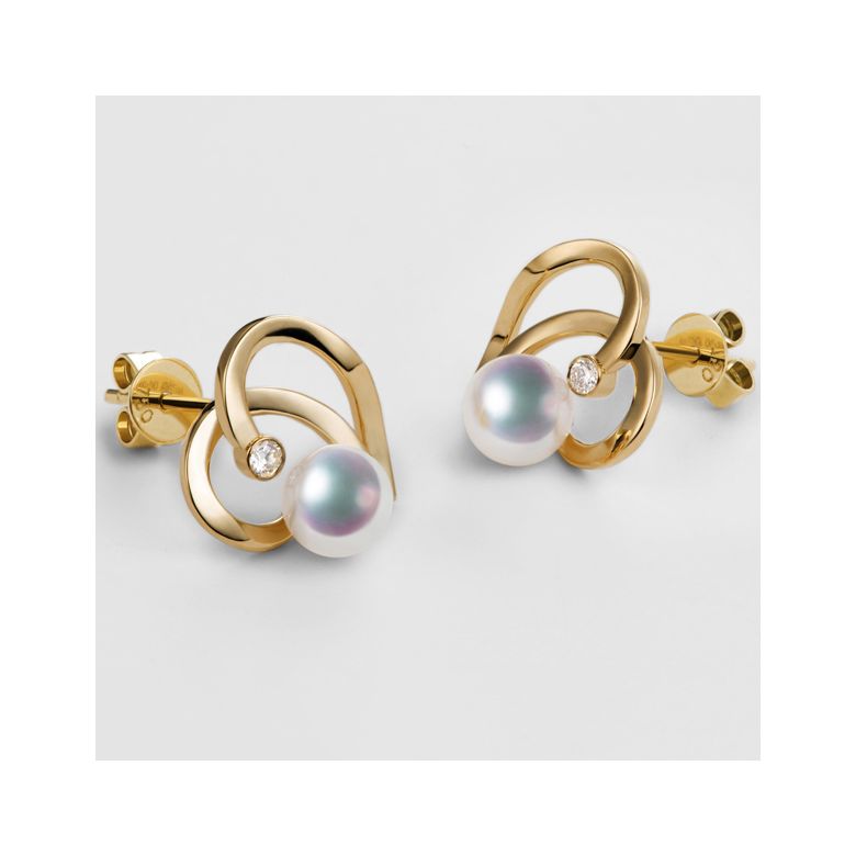 Boucles Coeur contemporain Or jaune. Perles Akoya, Diamants.  - 3