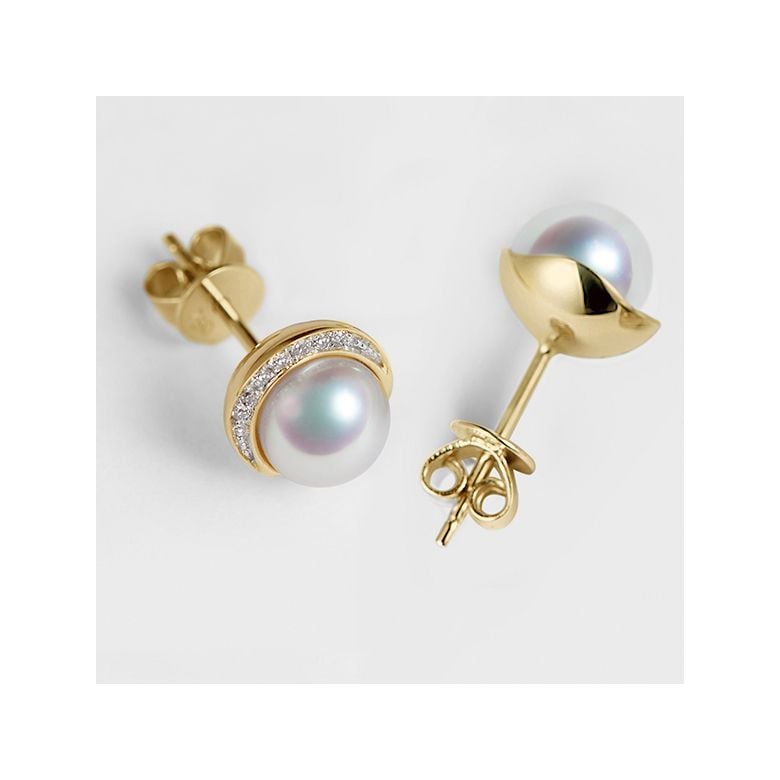 Boucles oreilles couronne Or jaune Diamants. Perles Akoya - 7