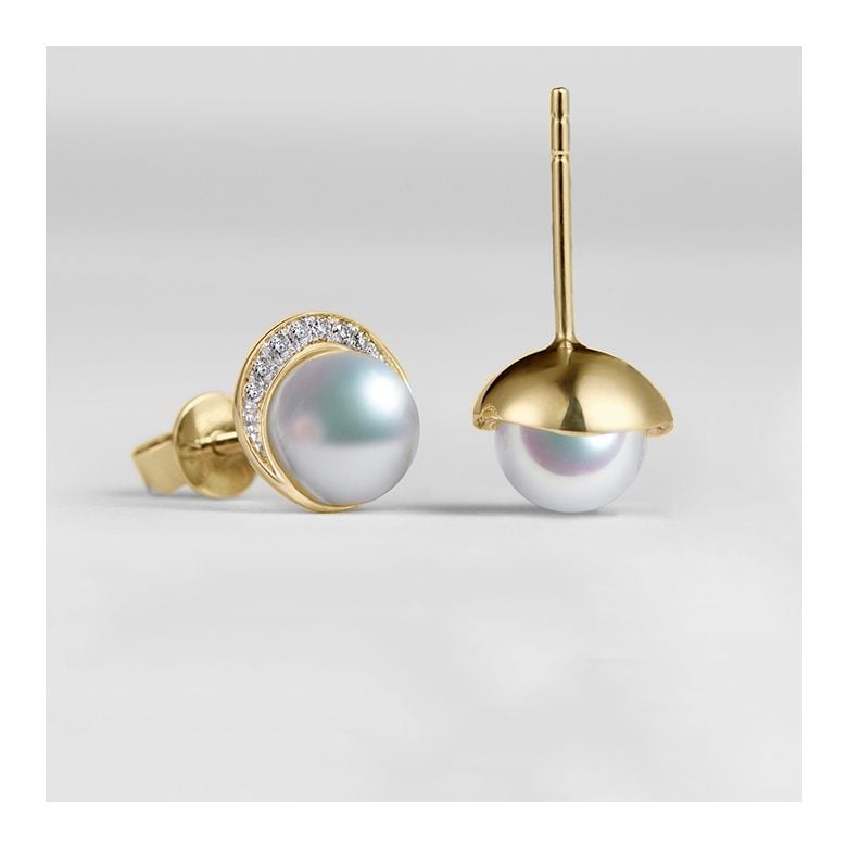 Boucles oreilles couronne Or jaune Diamants. Perles Akoya - 8