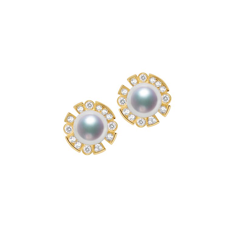 Boucles Oreilles Fleur Luxe. Perles Akoya, Or jaune, Diamants - 1