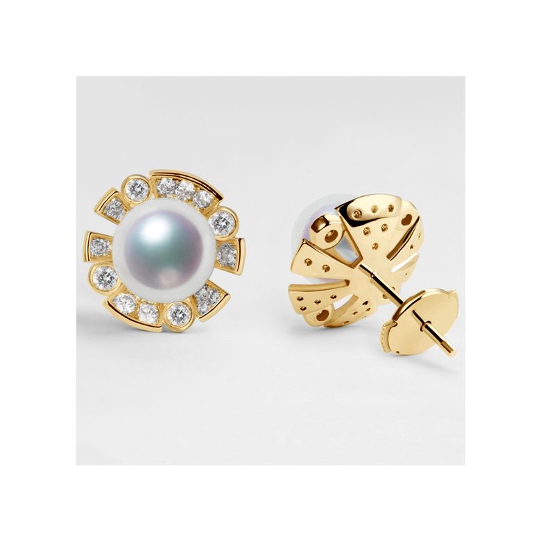Boucles Oreilles Fleur Luxe. Perles Akoya, Or jaune, Diamants - 3