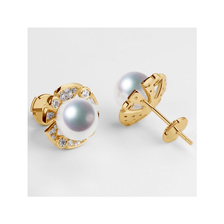 Boucles Oreilles Fleur Luxe. Perles Akoya, Or jaune, Diamants - 4