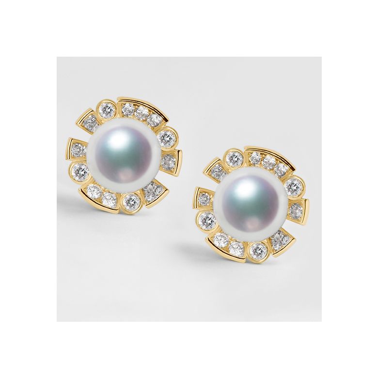 Boucles Oreilles Fleur Luxe. Perles Akoya, Or jaune, Diamants - 5