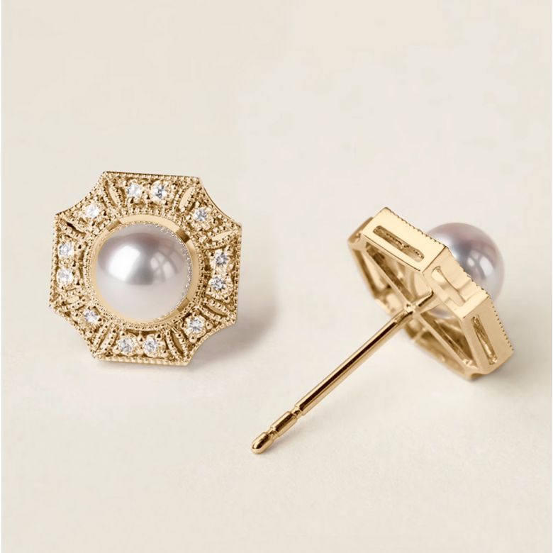 Boucles d'Oreilles Géométria Préciosa - Perles Akoya, Diamants, Or jaune - 3