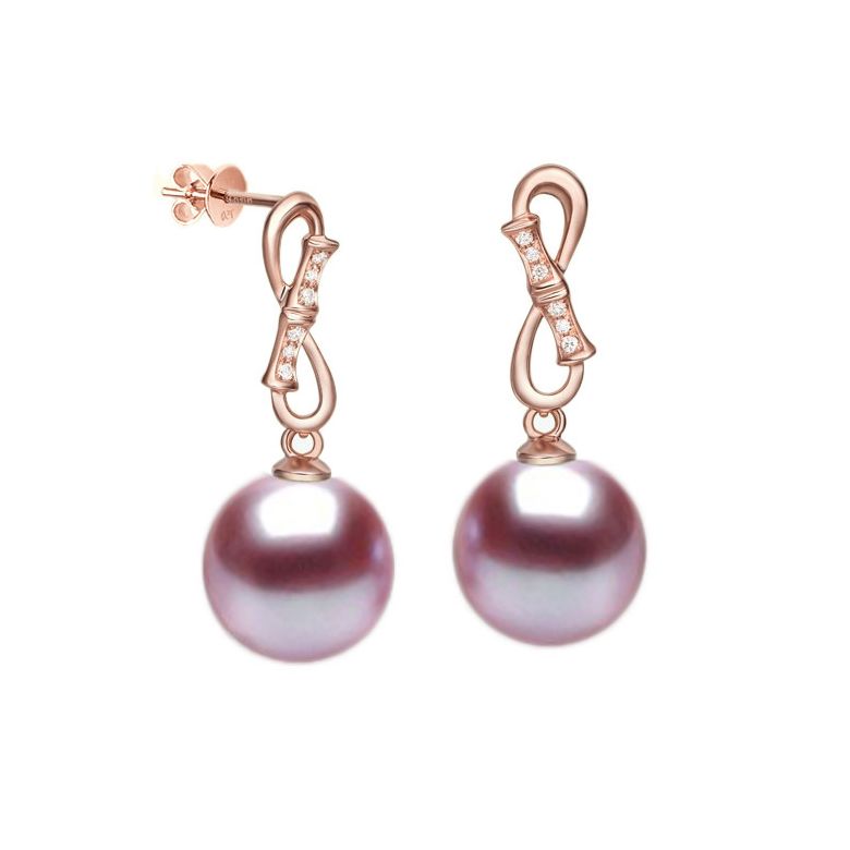 Boucles Bamboo. Perle lavande 9/9.5 mm, Diamants, Or rose - 1