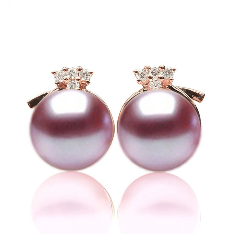 Boucles Chapeau Demoiselle. Perle lavande 9/9.5 mm, Diamants, Or rose - 1
