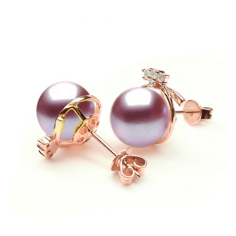 Boucles Chapeau Demoiselle. Perle lavande 9/9.5 mm, Diamants, Or rose - 2