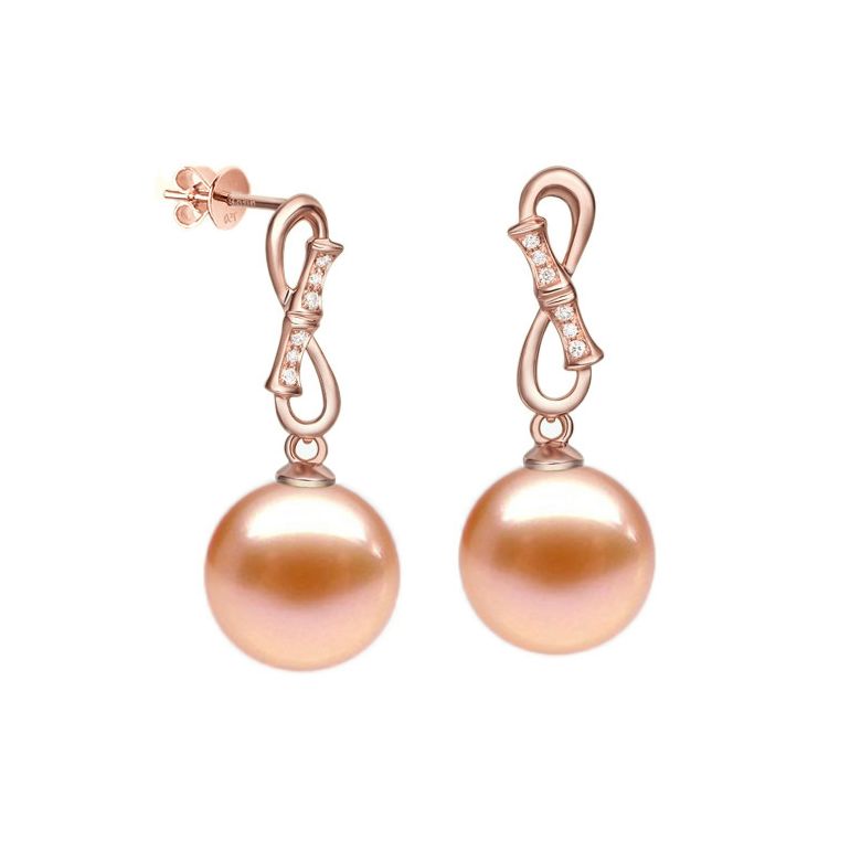 Boucles Bamboo. Perle rose 9/9.5 mm, Diamants, Or rose - 1