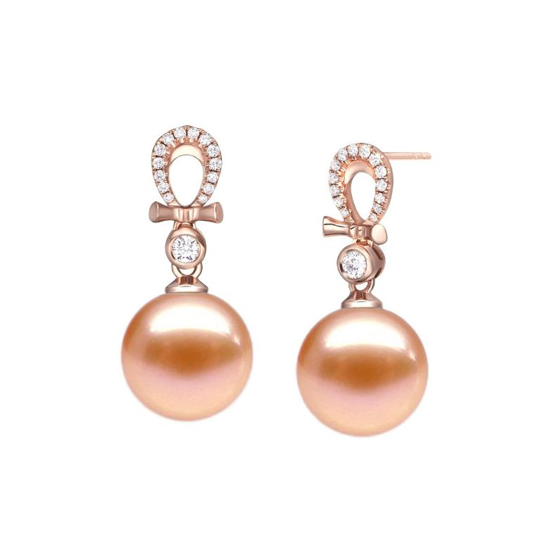 Boucles Bambouletta. Perle rose 9/9.5 mm, Diamants, Or rose - 1
