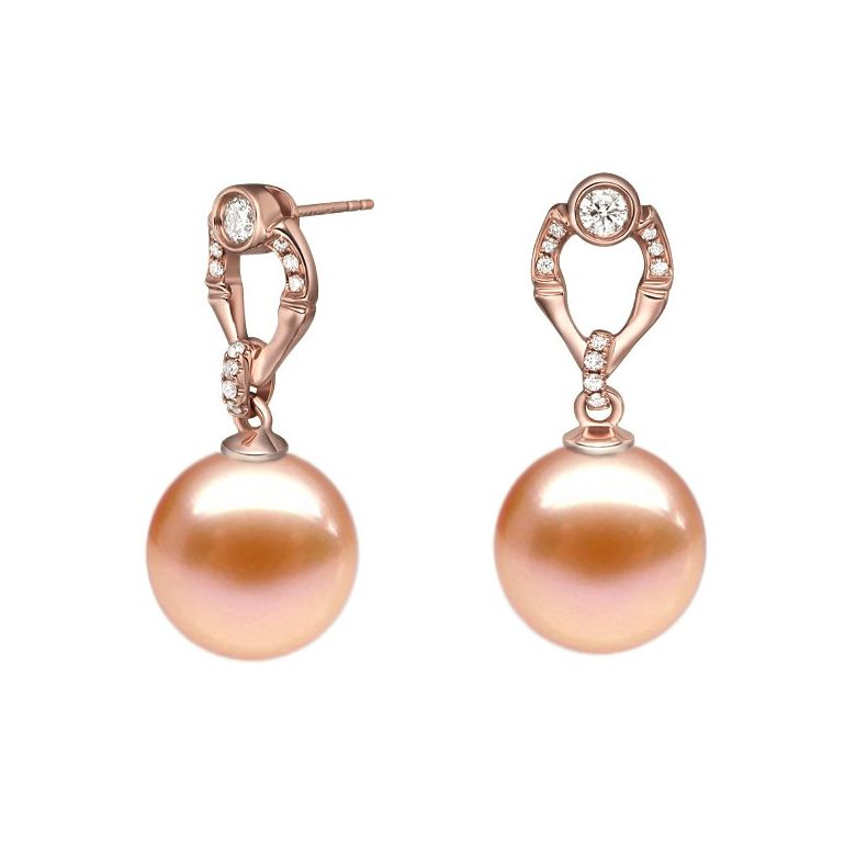Boucles Otatea. Perle rose 9/9.5 mm, Diamants, Or rose - 1