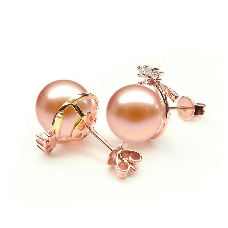 Boucles Chapeau Demoiselle. Perle rose 9/9.5 mm, Diamants, Or rose - 2