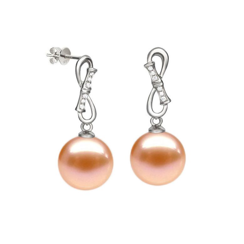 Boucles Bamboo. Perle rose 9/9.5 mm, Diamants, Or blanc - 1