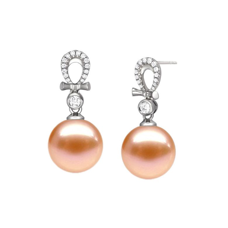 Boucles Bambouletta. Perle rose 9/9.5 mm, Diamants, Or blanc - 1