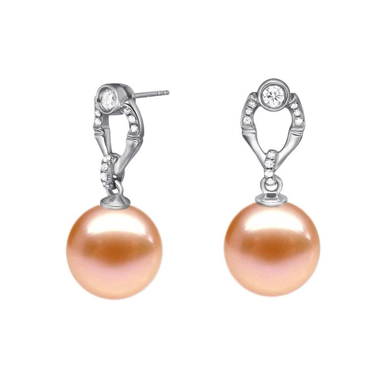Boucles Otatea. Perle rose 9/9.5 mm, Diamants, Or blanc - 1