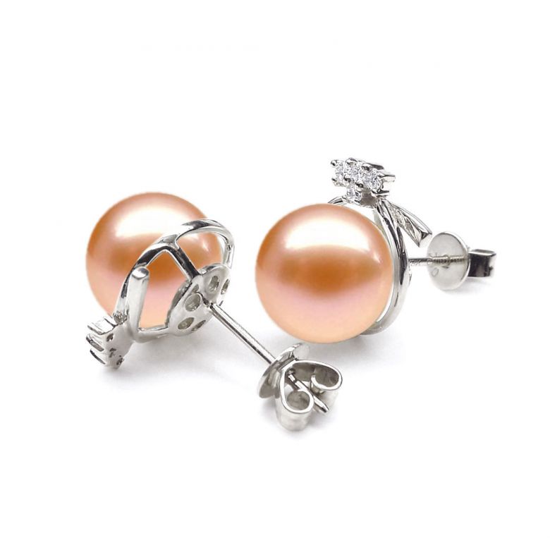 Boucles Chapeau Demoiselle. Perle rose 9/9.5 mm, Diamants, Or blanc - 2