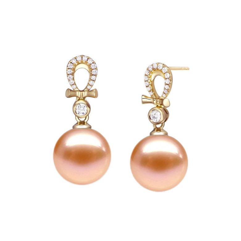 Boucles Bambouletta. Perle rose 9/9.5 mm, Diamants, Or jaune - 1