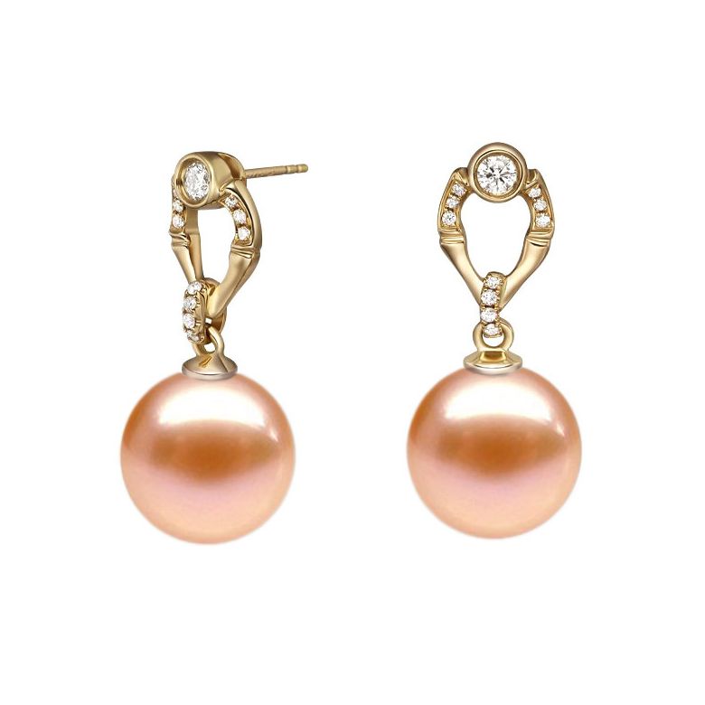 Boucles Otatea. Perle rose 9/9.5 mm, Diamants, Or jaune - 1
