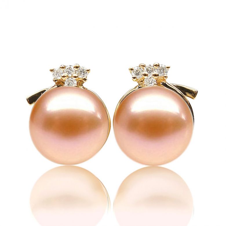 Boucles Chapeau Demoiselle. Perle rose 9/9.5 mm, Diamants, Or jaune - 1