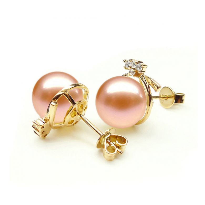 Boucles Chapeau Demoiselle. Perle rose 9/9.5 mm, Diamants, Or jaune - 2