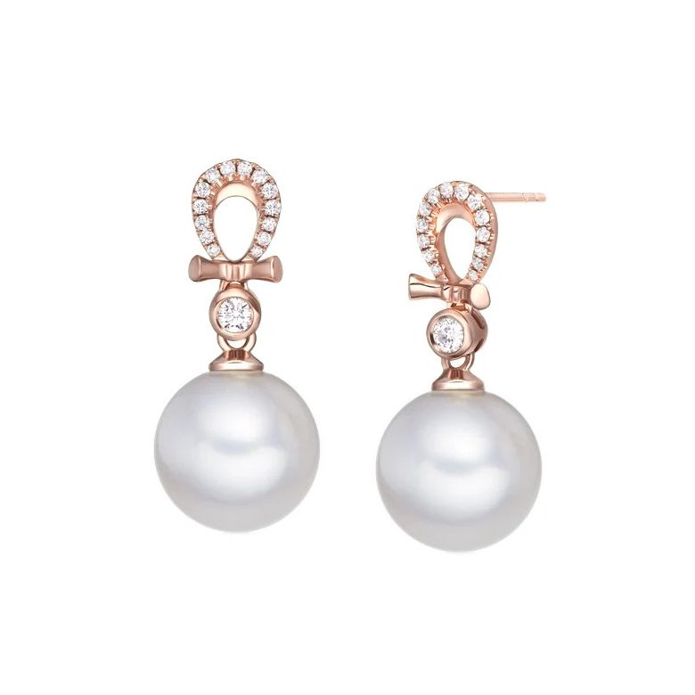 Boucles Bambouletta. Perle blanche 9/9.5 mm, Diamants, Or rose - 1