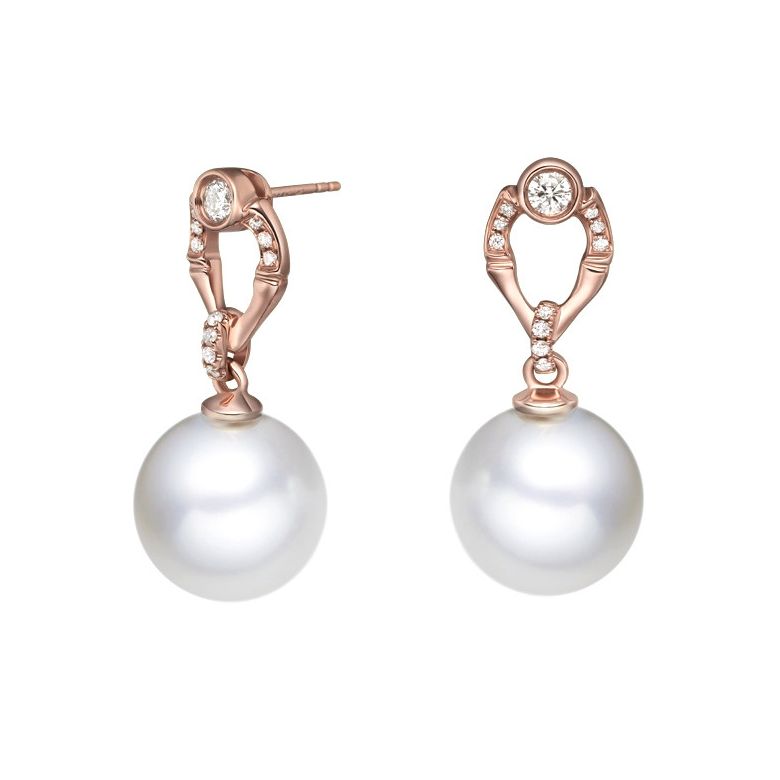 Boucles Otatea. Perle blanche 9/9.5 mm, Diamants, Or rose - 1