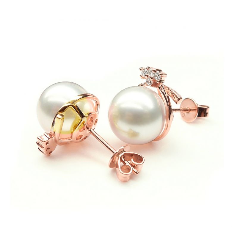 Boucles Chapeau Demoiselle. Perle blanche 9/9.5 mm, Diamants, Or rose - 2