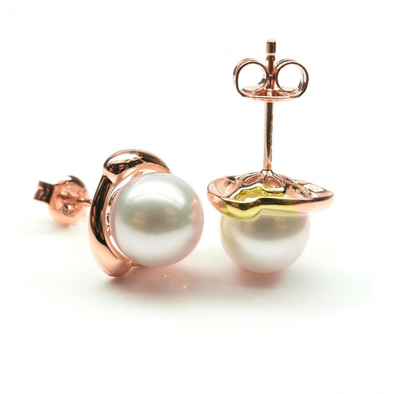 Boucles Capello. Perle blanche 9/9.5 mm, Diamants, Or rose - 2