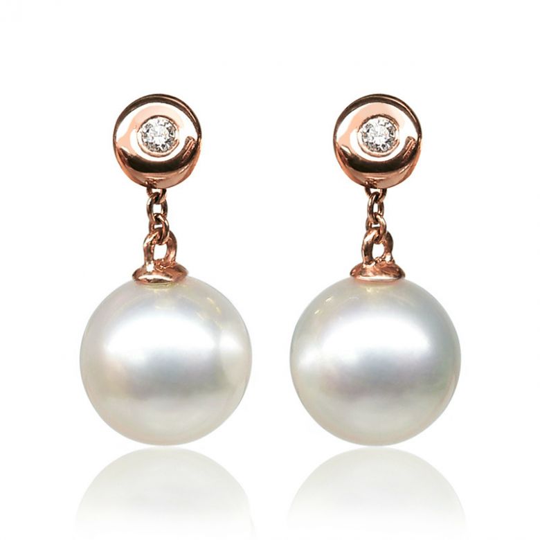 Boucles Albrizzi. Perle blanche 9/9.5 mm, Diamants, Or rose - 1