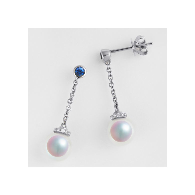 Boucles Pendantes Perles Akoya. Or blanc, saphirs et diamants - 4