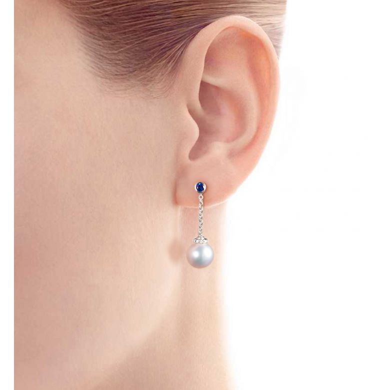 Boucles Pendantes Perles Akoya. Or blanc, saphirs et diamants - 2