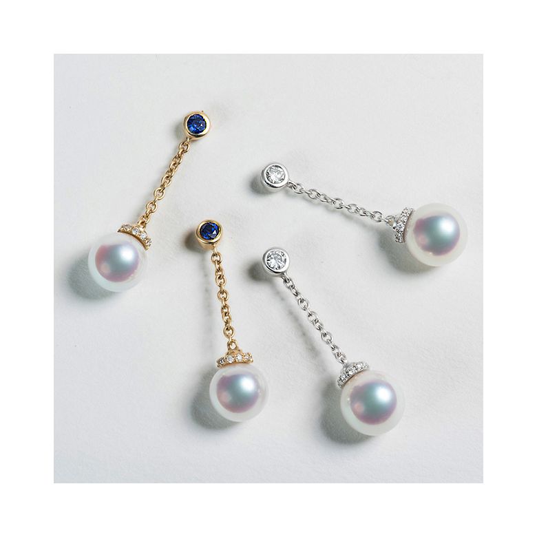 Boucles Pendantes Perles Akoya. Or blanc, saphirs et diamants - 5