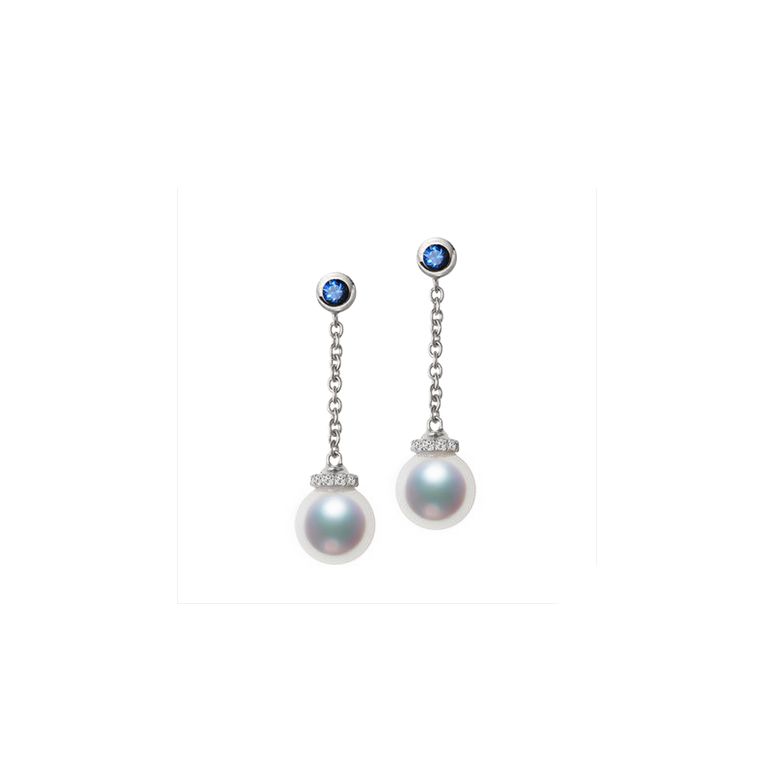 Boucles Pendantes Perles Akoya. Or blanc, saphirs et diamants - 1