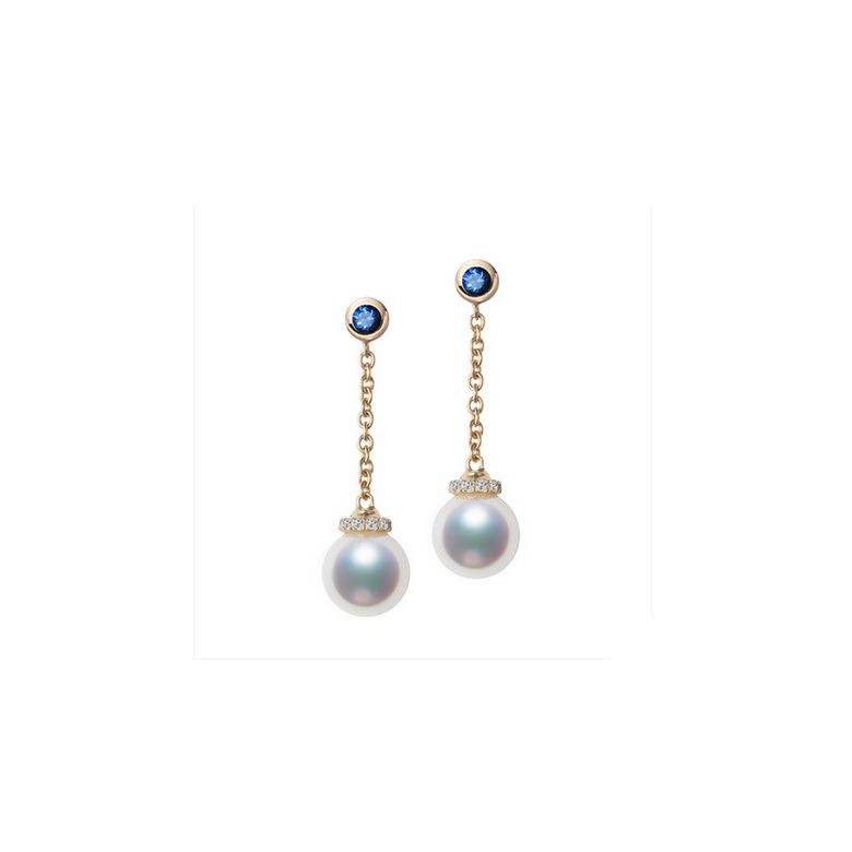 Boucles Pendantes Perles Akoya. Or jaune, saphirs et diamants - 1