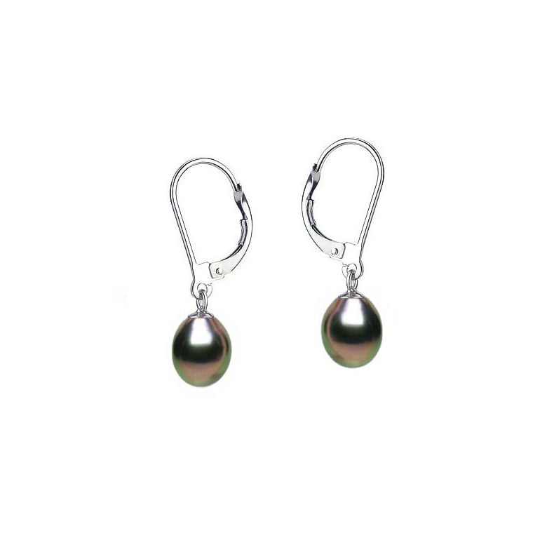 Boucles oreilles or blanc - Perles noires - Dormeuses eau douce 8.5/9mm - 2