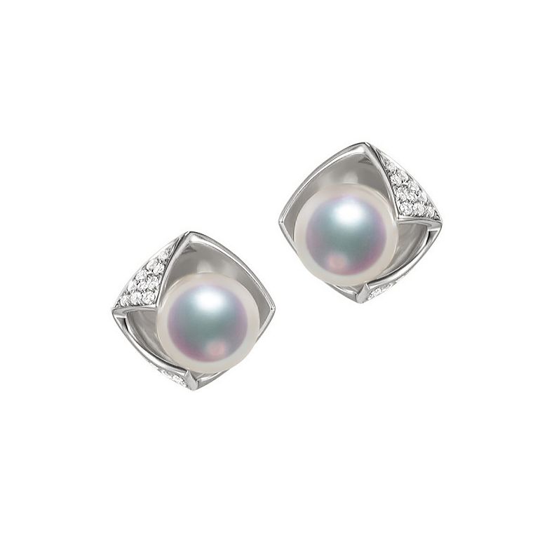 Boucles Oreilles Fukiyose Or blank Perles Akoya Diamants - 1