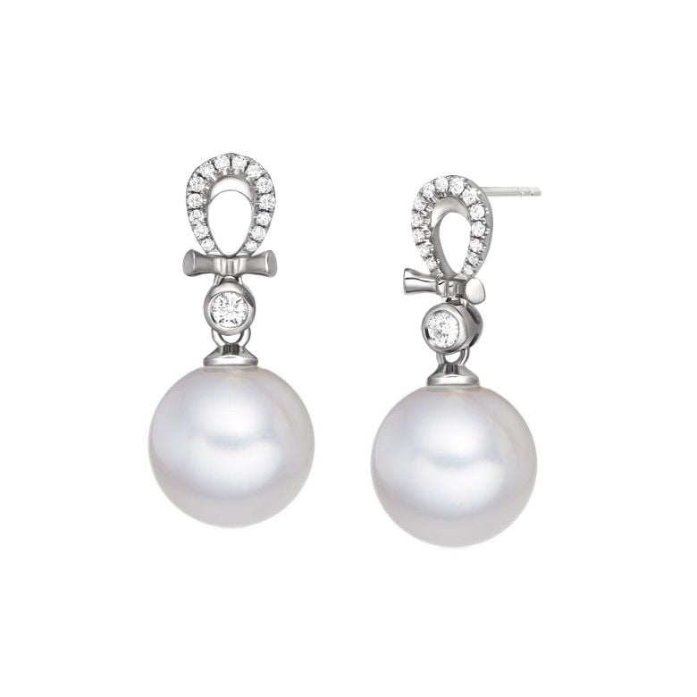 Boucles d'oreilles bambou. Or blanc, perles et diamants - 1