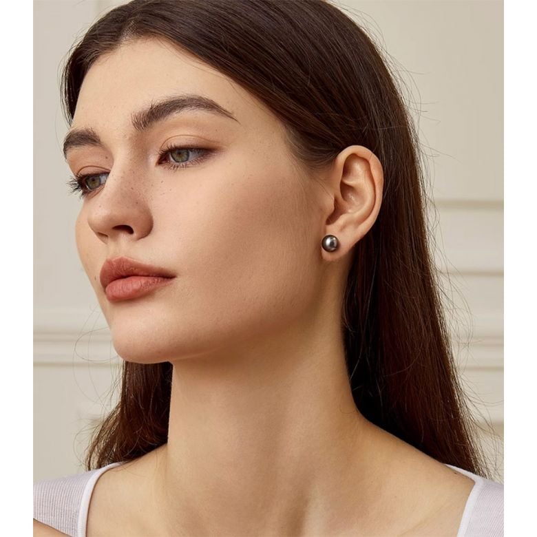 Boucles oreilles clous, or blanc - Perles de Tahiti noires, vertes - 9/10mm, GEMME - 1